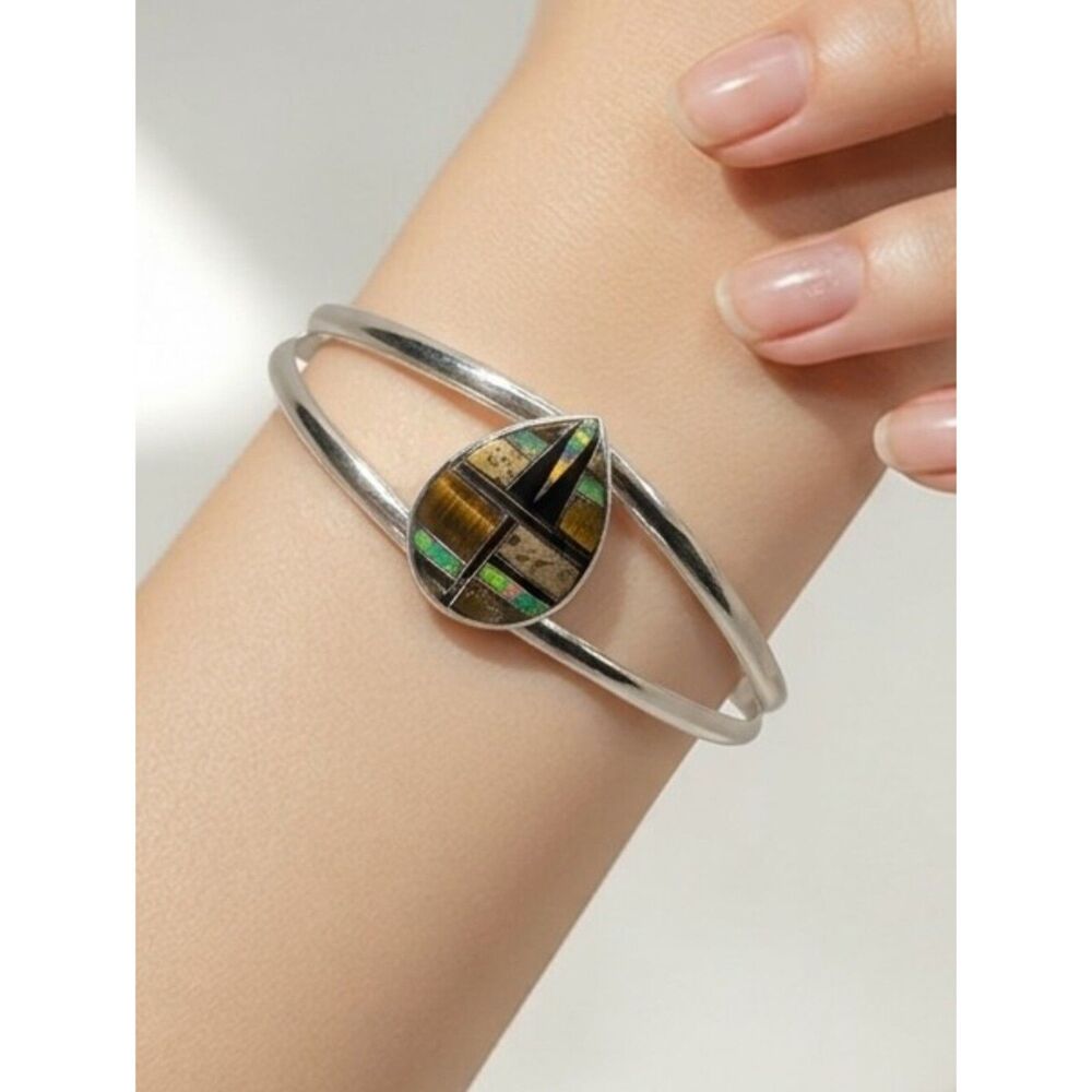 Vintage Sterling Silver Tiger's Eye Teardrop Inlay Cuff Bracelet